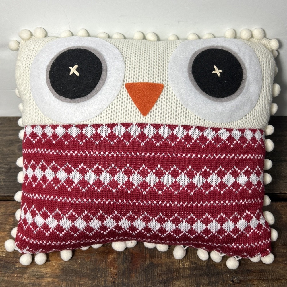 Owl Pillow Sweater Look Big Eyes Pom Poms Appliqués? Red Cream Orange Beak 11x10